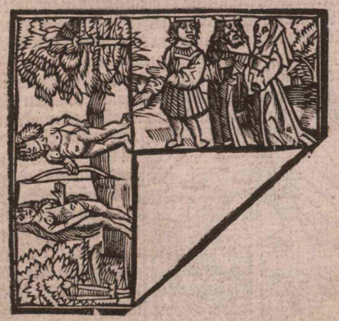 [Indigenous Brazilians standing nude are contrasted with Europeans in flowing robes]